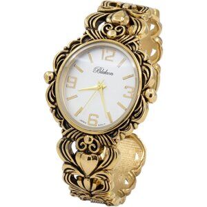 Japanese Quartz Women's Gold 35mm Case Egyptian Style Concho Cuff Bangle Watch